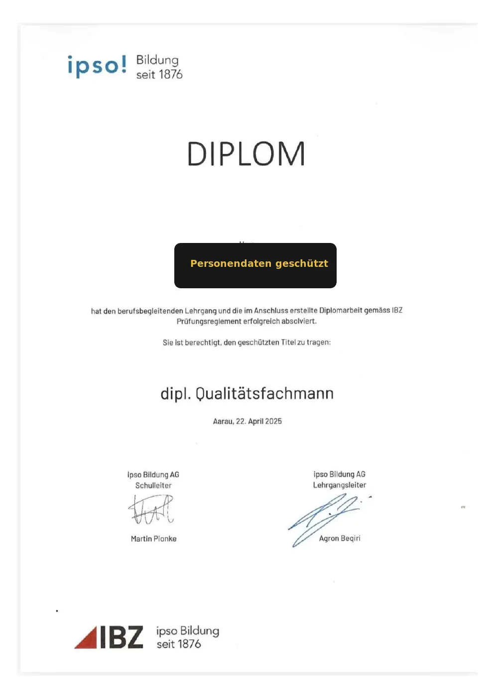 Diplom dipl. Qualitätsfachmann, Personendaten geschützt